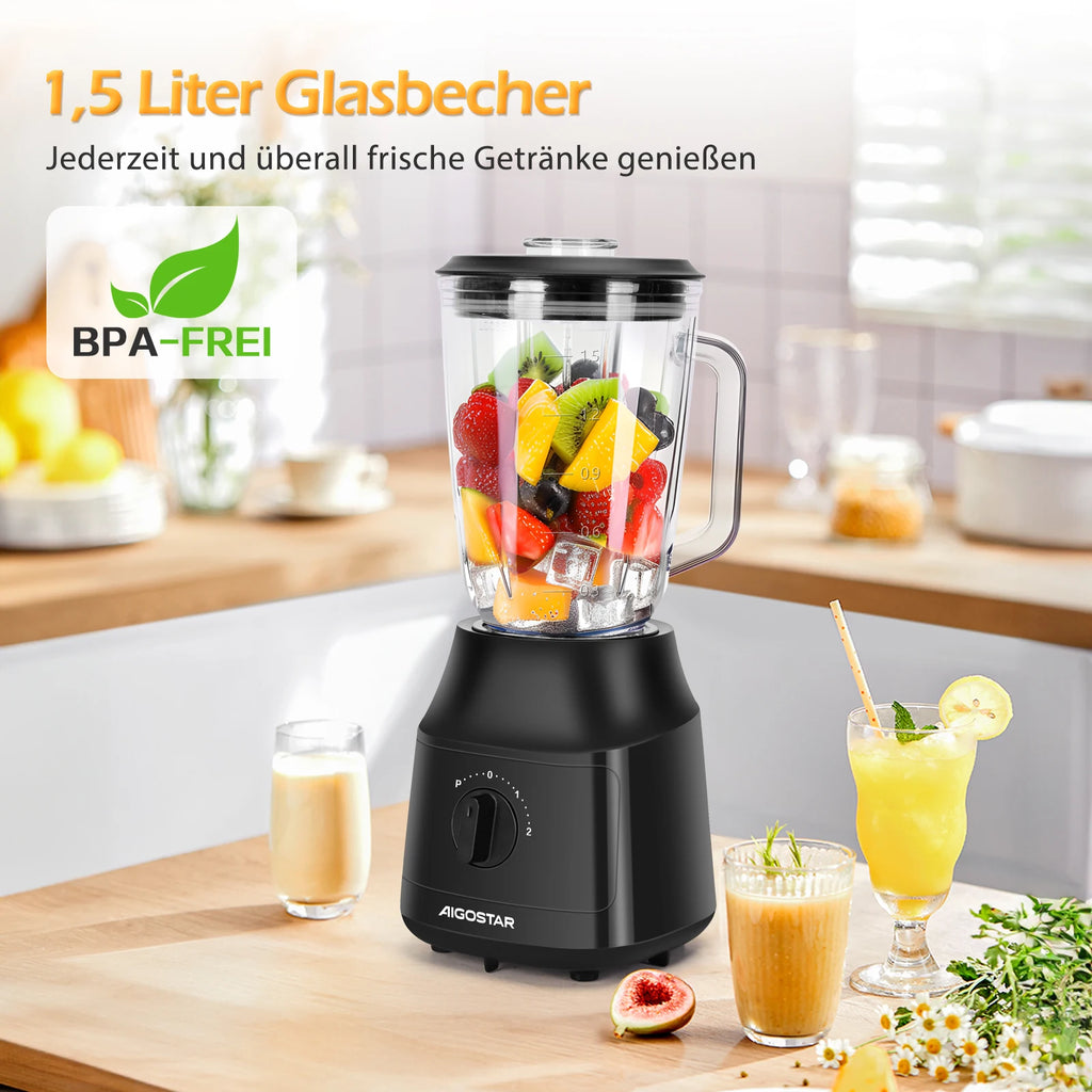 Aigostar Standmixer und Smoothie Maker, 1,5 Liter Glasbehälter, Titanbeschichtete Klingen, Eisfunktion, 2 Geschwindigkeiten + Pulsfunktion