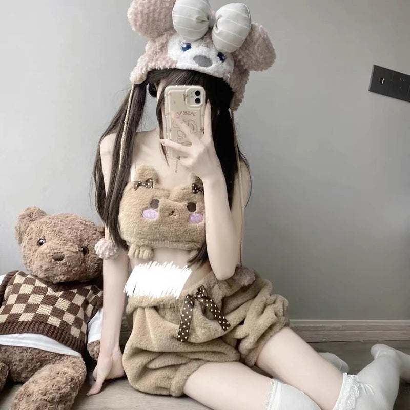 Japanische Kawaii Lolita Pyjama Nad Höschen Set Damen Süßer Cartoon BH Schleife Unterwäsche Kürbis Höschen Push-up BHs Dessous Intimates