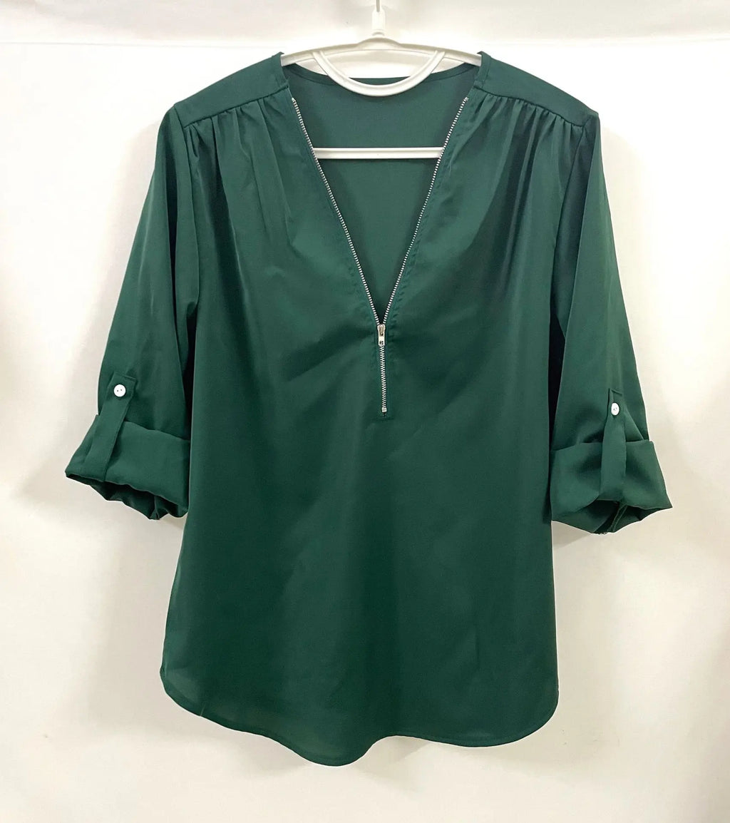 2024 Qualität Heißer Verkauf Plus Size Tiefer V-Ausschnitt Damenbluse Chiffon Coole lockere Hemd Mode Freizeit Damen Tops Sexy Reißverschluss Pullover