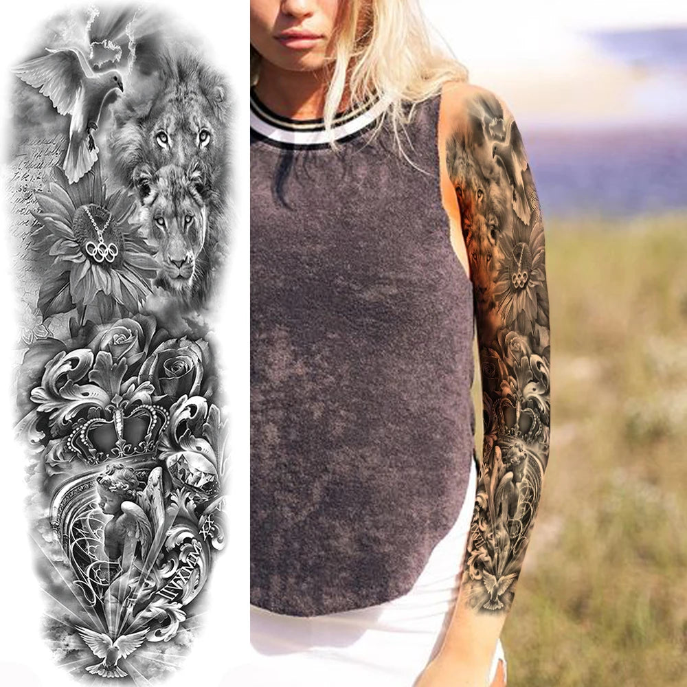 Kompass Roboterarm Temporäre Tattoos Ärmel für Männer Frauen Realistische Gefälschte Totenkopf Engel Ganzarm Tattoos Maori Totem Tattoo Aufkleber