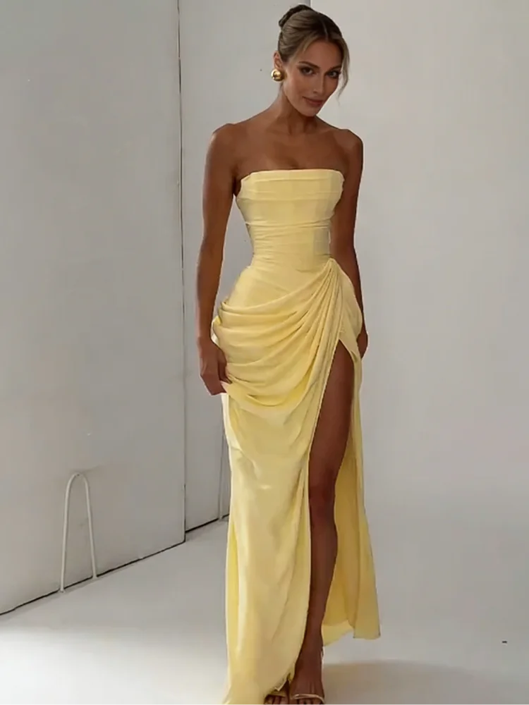 Damen einfarbiges plissiertes, sexy trägerloses Kleid, elegantes schulterfreies, rückenfreies Kleid mit hoher Taille und Schlitz 2026, neues Abendparty-Kleid