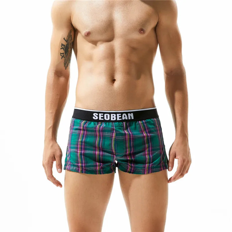 SEOBEAN Klassische Herren Boxershorts kariert 100% Baumwolle Unterwäsche Boxershorts U-konvexer Beutel Pfeil Panties Shorts Herren Schlafunterteile