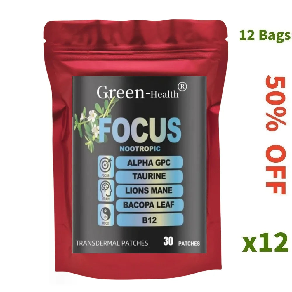 Nootropische Gehirn-Pflaster – Löwenmähne, Vitamin C & B12, Taurin, Bacopa – Unterstützung der kognitiven Funktion, 30 Pflaster, 6-in-1