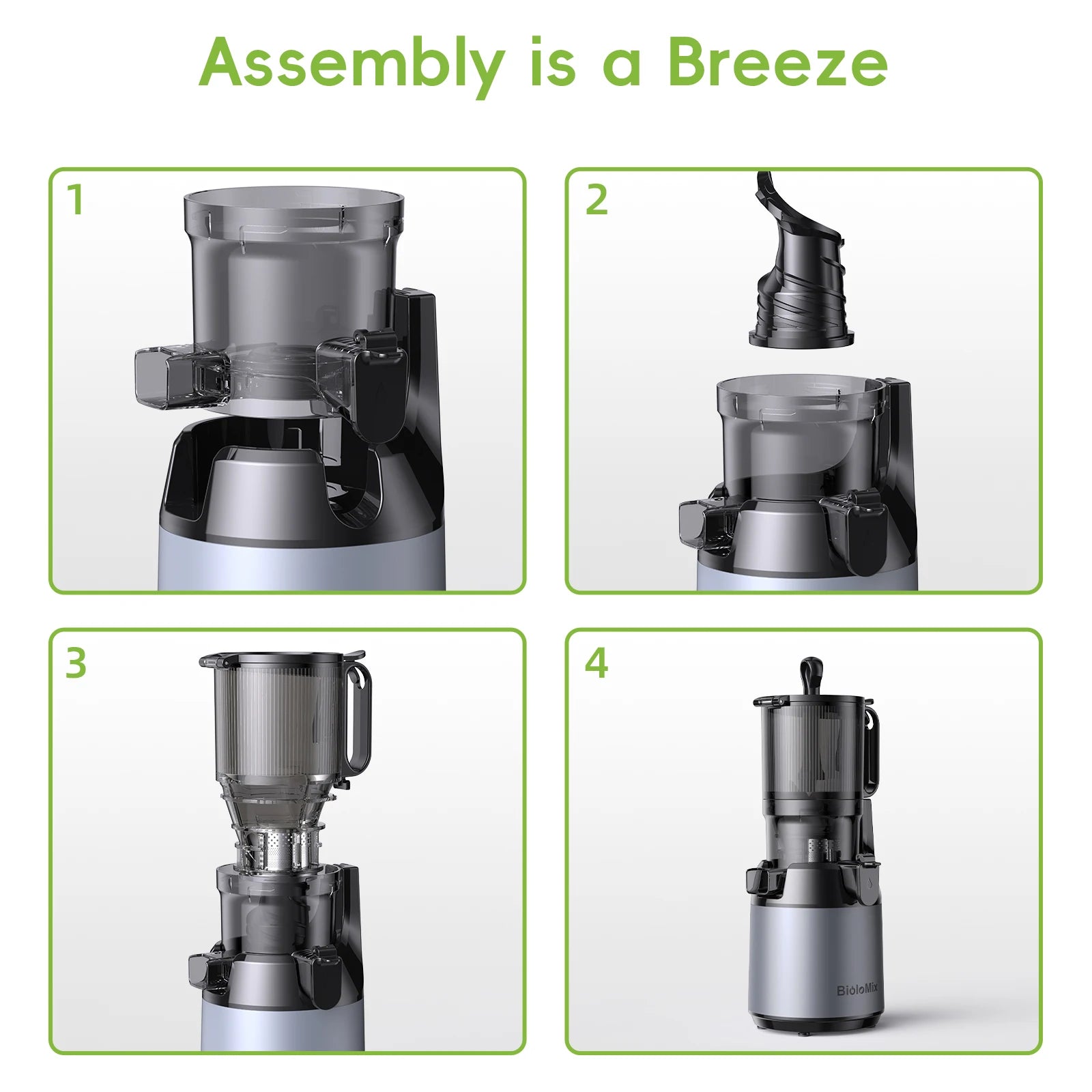 BioloMix Kaltpress-Entsafter, mit 130 mm Einfüllschacht, für ganze Früchte und Gemüse, hohe Saftausbeute, BPA-freier Slow Masticating Juicer