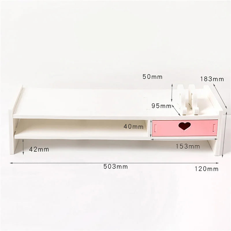 Pink White Student Storage Rack Heart Drawers Monitor Laptop Increase Shelf Office Screen Riser Holder Stationery Pen Storage