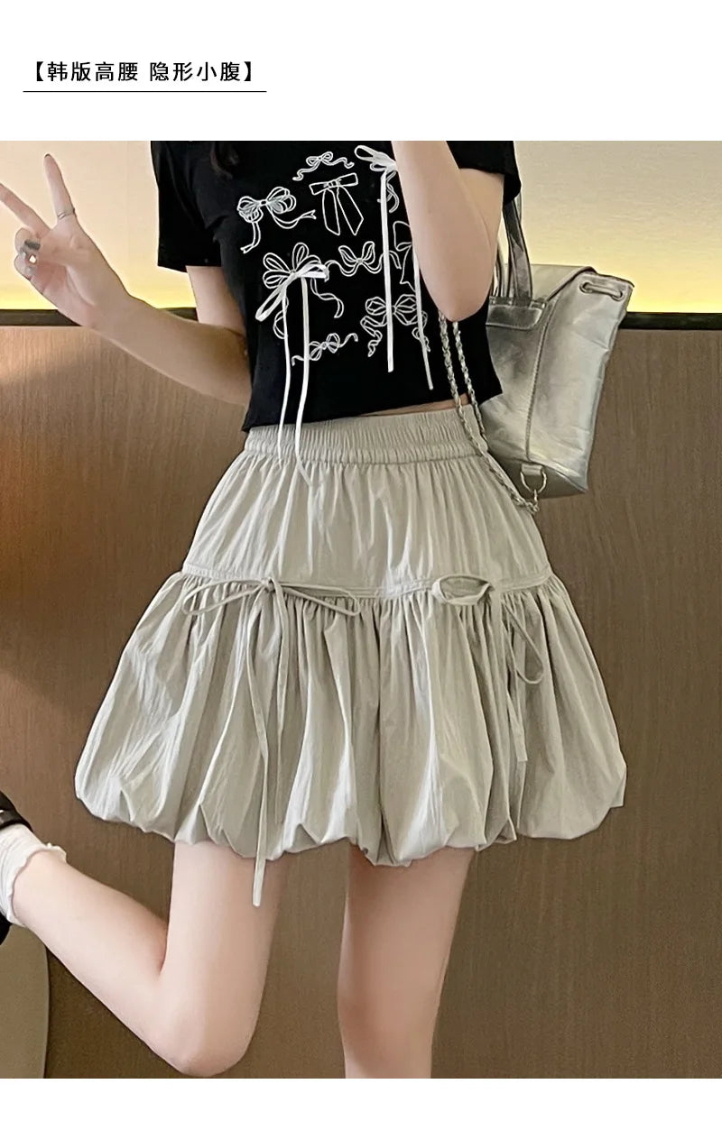 Süße Schleifen Plissierte Flauschige Röcke für Damen Sommer Koreanischer Stil Elastische Taille Laternenrock Damen Lockerer Weißer A-Linien Minirock