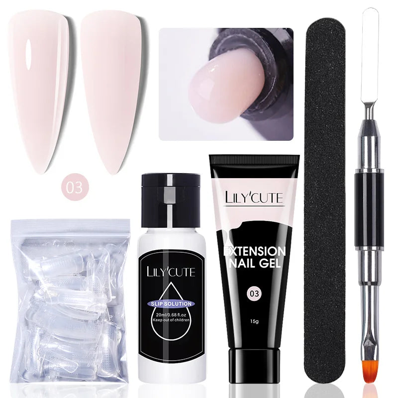 LILYCUTE 15ml Verlängerungsgel-Nagellack-Set Quick Nail Prolong mit Verlängerungsform-Nagelspitzen Acryl-Lösung Maniküre-Werkzeug-Kit