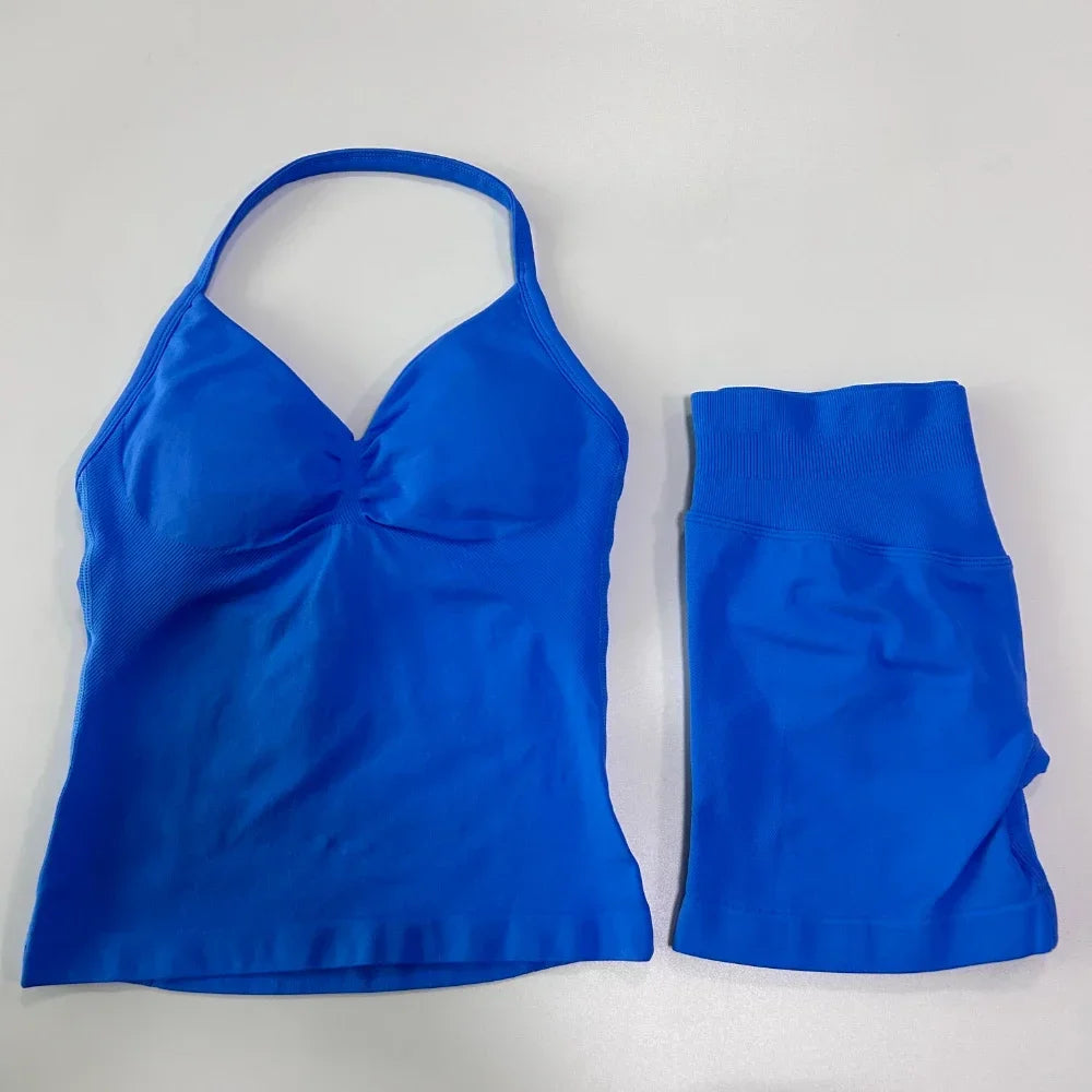 No Logo 2-teiliges Sportset Damen Rückenloses Tanktop Hohe Taille Scrunch Nahtlose Shorts Gym Set Sportbekleidung Workout Set Yoga