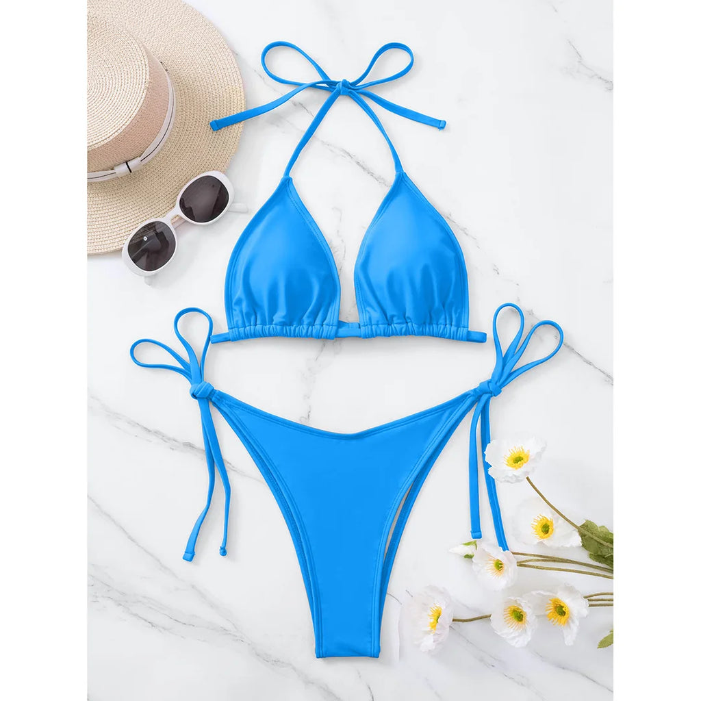 7 Farben Neckholder Brasilianischer Bikini Damen Bademode Weiblicher Badeanzug Zweiteiliges Bikini-Set Gepolsterter Badeanzug Damen V3536