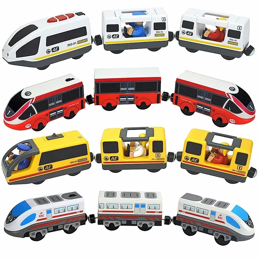 Holzzugspielzeug Zugstrecke Magnetischer Satz Elektrische Lokomotive Druckguss-Modellauto Passt auf alle Holzmarken Schienen für Kinder Zweitbild