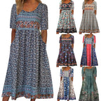 2025 Sommer Damen-Bohemia-Kleid locker, modischer Druck, Rundhalsausschnitt, kurze Ärmel, langes Kleid