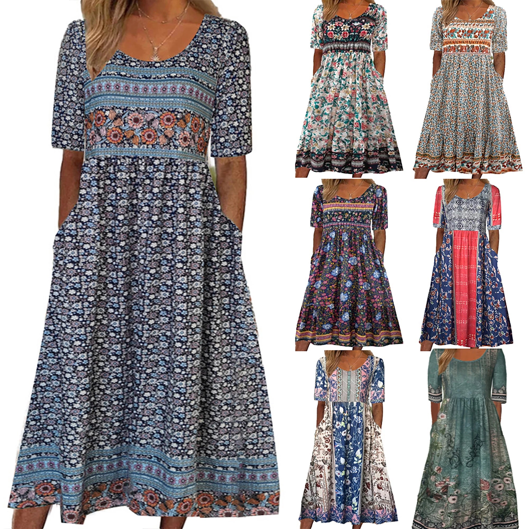 2025 Sommer Damen-Bohemia-Kleid locker, modischer Druck, Rundhalsausschnitt, kurze Ärmel, langes Kleid Hauptbild