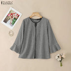 ZANZEA Damen Sommer Plaid Patchwork Bluse 3/4 Glockenärmel Cut Out Tops Lässiges lockeres Hemd Retro Chemise Damen Arbeitsblusen