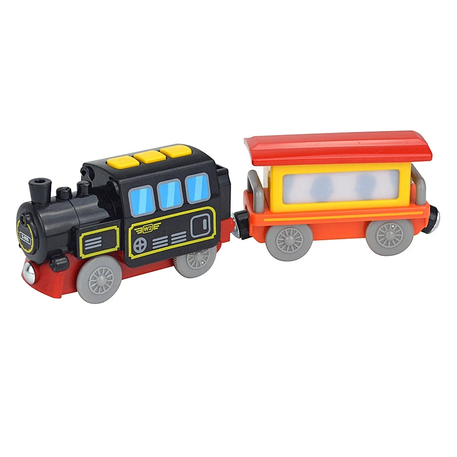 Magnetischer elektrischer Zug Lokomotive Holzeisenbahn Schlitz Diecast Eisenbahn mit zwei Waggons Zug Holz Kinderspielzeug Biro Leduo Strecke