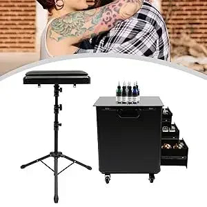 Rollender Make-up-Trolley mit Tattoo-Armlehnenständer, Beauty-Trolley mit 3 Schubladen, 4 Universalrädern und Zahlenschloss