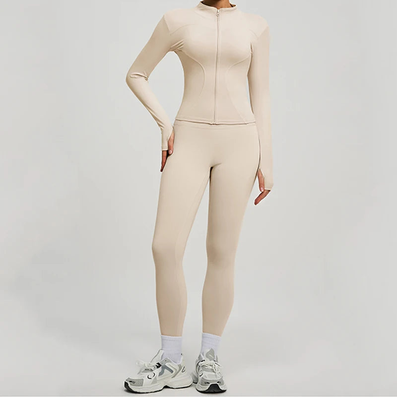 SVEIC Damen Zweiteiliger Trainingsanzug Yoga Set Langarmjacke High Waisted Leggings Atmungsaktive Sportkleidung Für Frauen