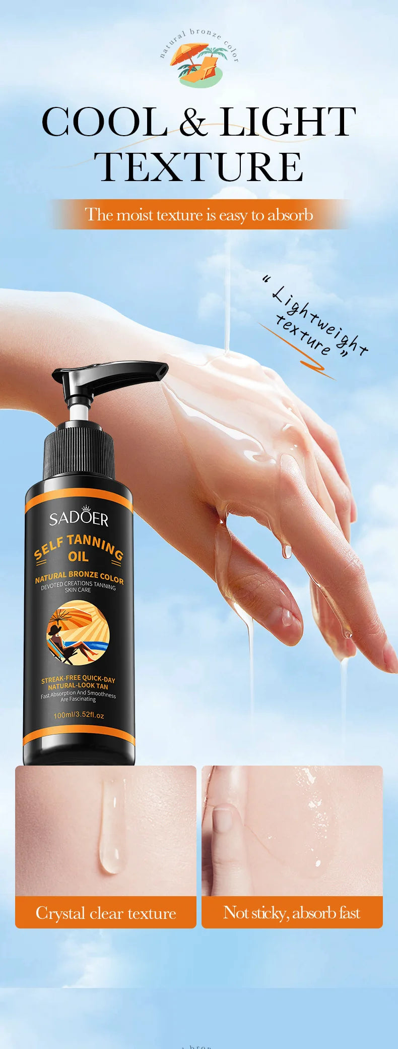 100ml Bräunungsspray: Leichte Textur, feuchtigkeitsspendend, schöner schwarzer Farbton, für einen wilderen und selbstbewussteren Look. Große Kapazität, schönes Bräunungsergebnis, streifenfrei, schnell trocknend, kein Bräunungseffekt.