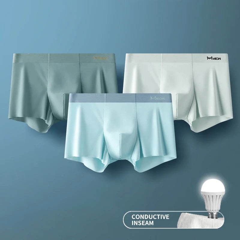 MIIOW 3er-Pack Ice Silk Herrenunterwäsche Boxer Metallfaser Antistatisch Herrenunterhosen Nahtloser Schnitt Saum Herren Slips Boxershorts Trunks