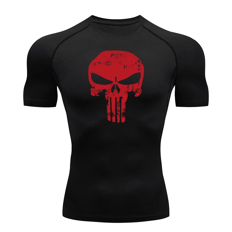 Skull Print Compression Shirts for Men Gym Workout Running Tshirts Sporty Athletic Quick Dry Tees Tops Short Sleeve Rash Guard