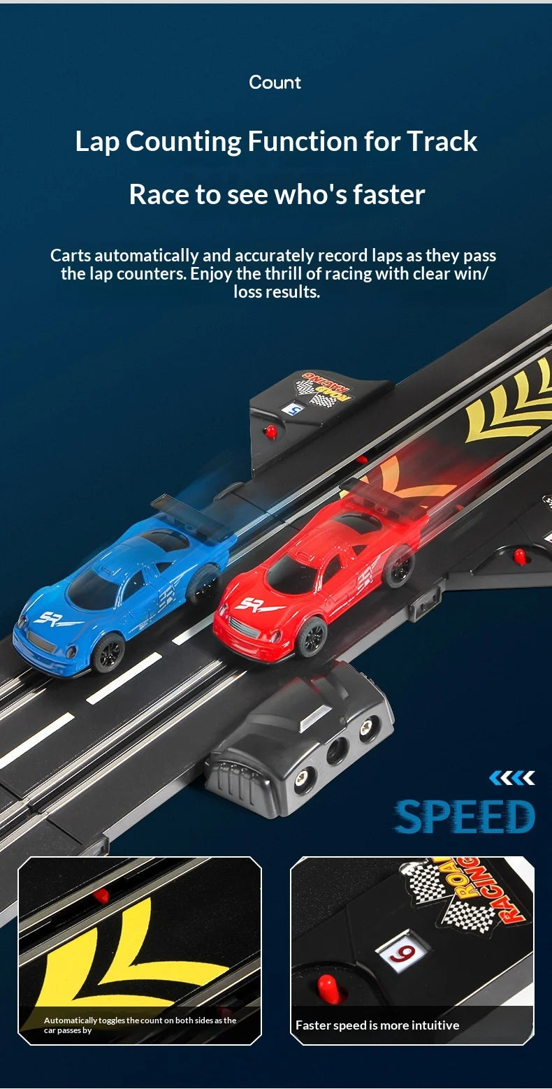 Elektrische ferngesteuerte Slot-Car-Rennbahn, groß, 2 Spieler, wettbewerbsfähig, Dual-Modus, ferngesteuert, einstellbar, Spleißen, Kinder-Erwachsenen-Geschenkset