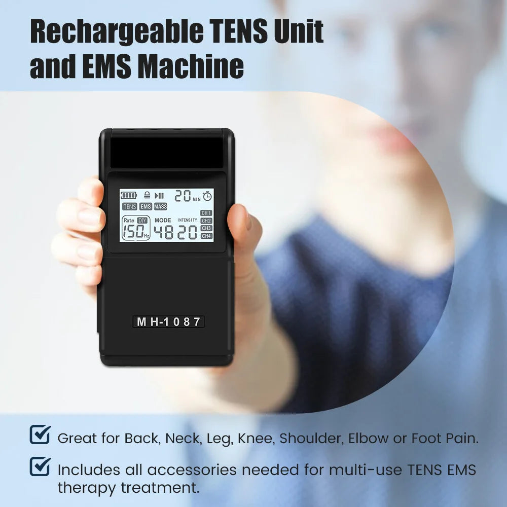 Digital TENS EMS Unit 4-Channel Tens Electrostimulator Rechargeable Muscle Stimulator with 20 Intensity Levels for  Pain Relief