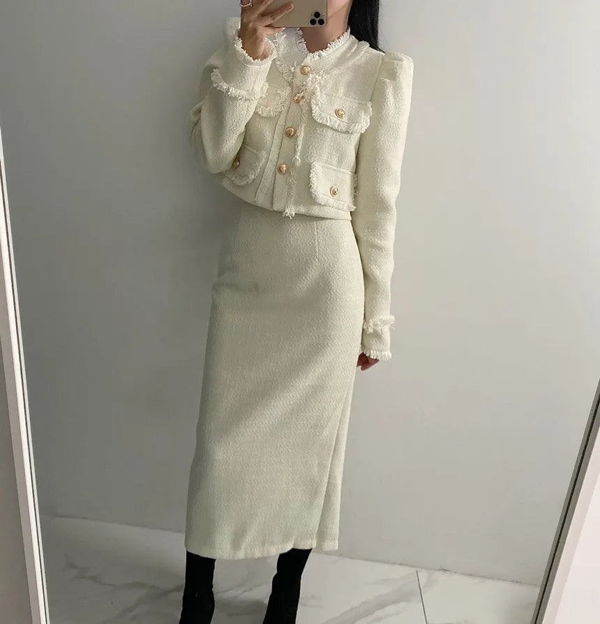 Beige Tweed Jacke + High Waisted Röcke Damen Winter Goldener Knopf 2-Teiler Woll Luxus Vintage Röcke Sets Herbst