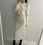 Beige Tweed Jacke + High Waisted Röcke Damen Winter Goldener Knopf 2-Teiler Woll Luxus Vintage Röcke Sets Herbst