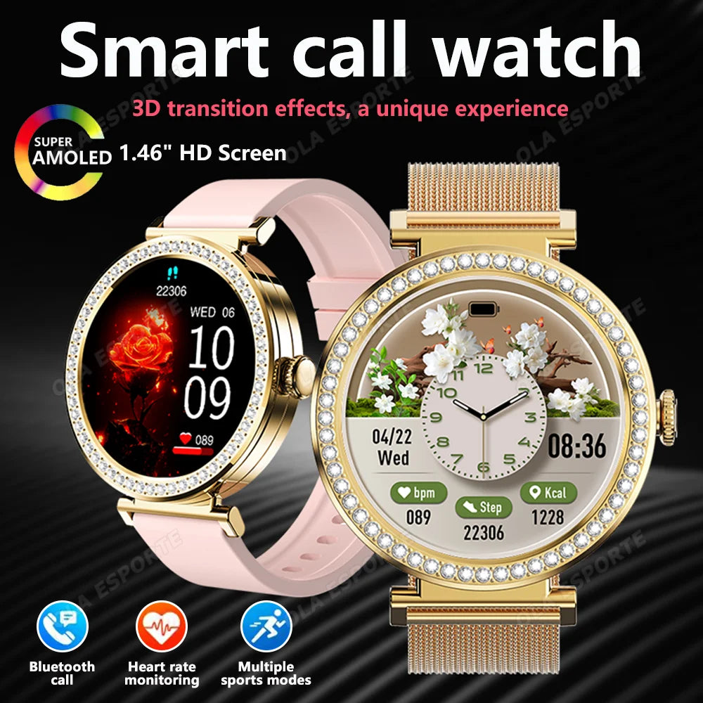 Fashion Zircon Smart Watch 1.46" AMOLED Screen 5.4 Bluetooth Call Heart Rate Temperature Monitoring Women Smartwatch Pedometer Main image