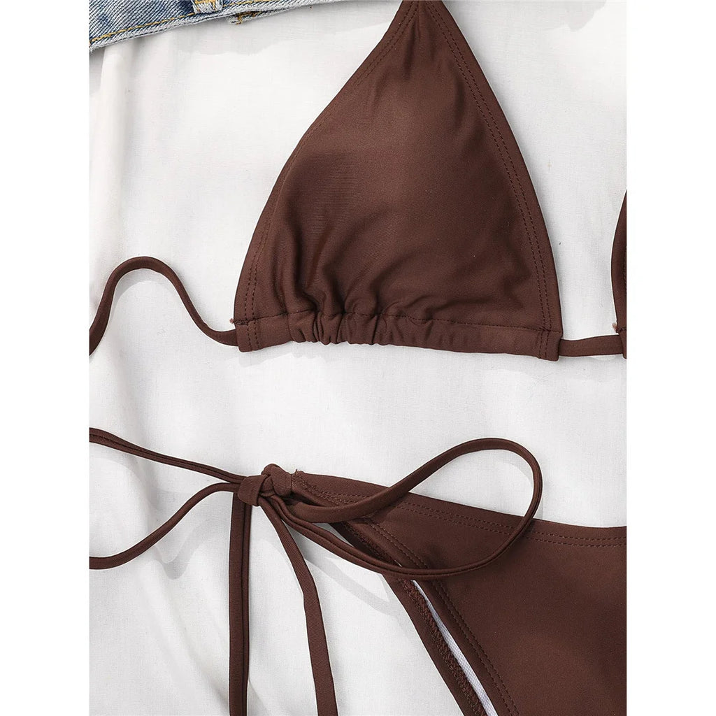 7 Farben Neckholder Brasilianischer Bikini Damen Bademode Weiblicher Badeanzug Zweiteiliges Bikini-Set Gepolsterter Badeanzug Damen V3536