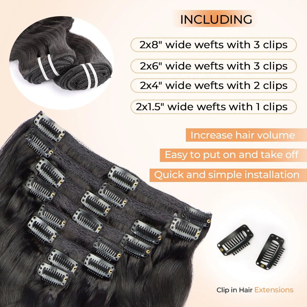 Wellenförmige Clip-in-Echthaarverlängerungen Clip Ins 120 Gramm Body Wave 18 Zoll 8 Stück Naturschwarz 100% Echthaar