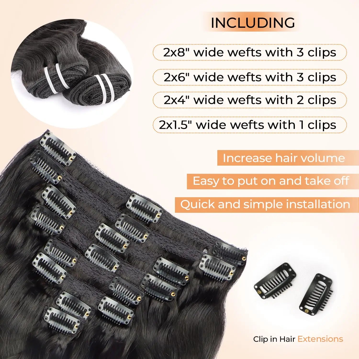 Wellenförmige Clip-in-Echthaarverlängerungen Clip Ins 120 Gramm Body Wave 18 Zoll 8 Stück Naturschwarz 100% Echthaar