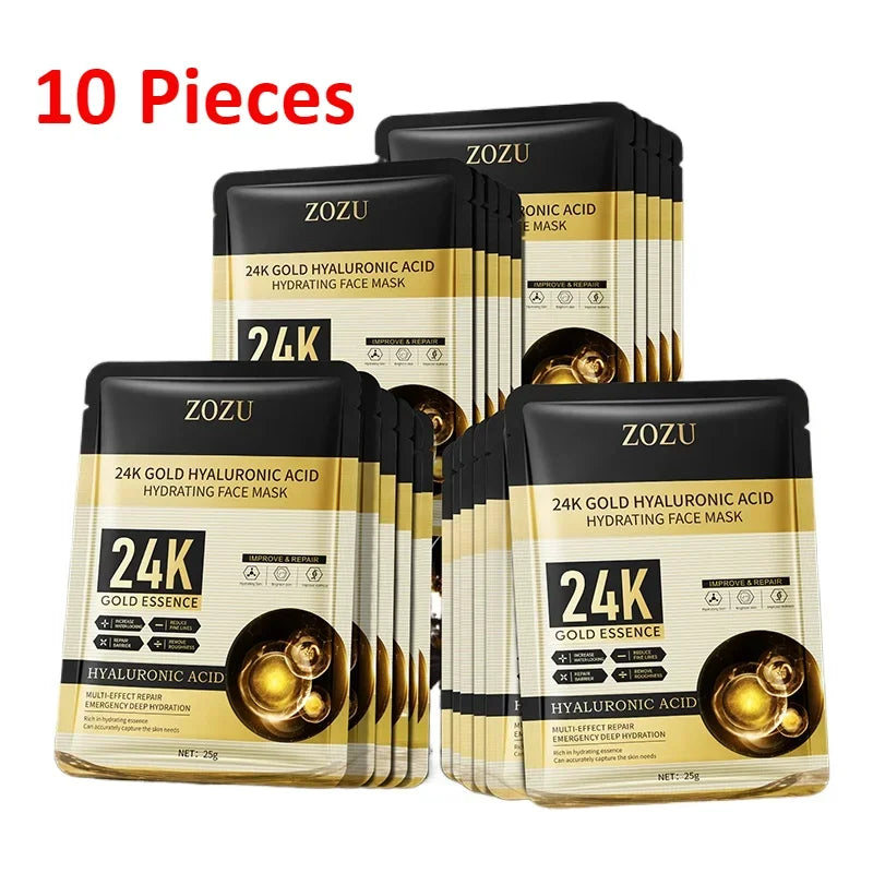 10 Stück 24 Karat Gold Hyaluronsäure Feuchtigkeitsspendende Gesichtsmaske Whitening Maske für Damen Koreanische Hautpflegeprodukte