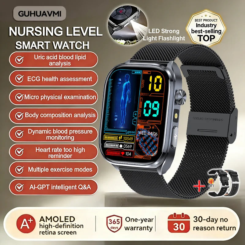 Neue Gesundheitsuhr Harnsäure Blutdruck Blutsauerstoff Körperanalyse Körperfett Smartwatch EKG+PPG Bluetooth Anruf Uhr Frauen Männer