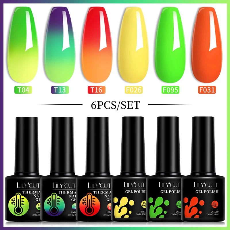 LILYCUTE 7ML 6PCS Neon Gel Nagellack Set fluoreszierend Farbwechsel Semi Permanent Soak Off Maniküre-Kit Nail Art Gel
