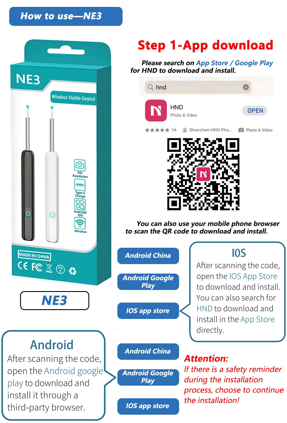 Intelligenter visueller Ohrenreiniger HD Ohrenstäbchen Otoskop USB-C-Ladeendoskop Ohrenschmalzentferner Ohrenschmalz-Entfernungswerkzeug Ohrenschmalz-Minikamera Gesundheitspflege-Set
