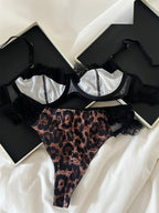 Französisches Unterwäsche-Set Leopard Sexy Stahlring-Spitze Triangel-BH-Slip-Anzüge Vintage Fashion Push-Up-Dessous Ins Bodycon