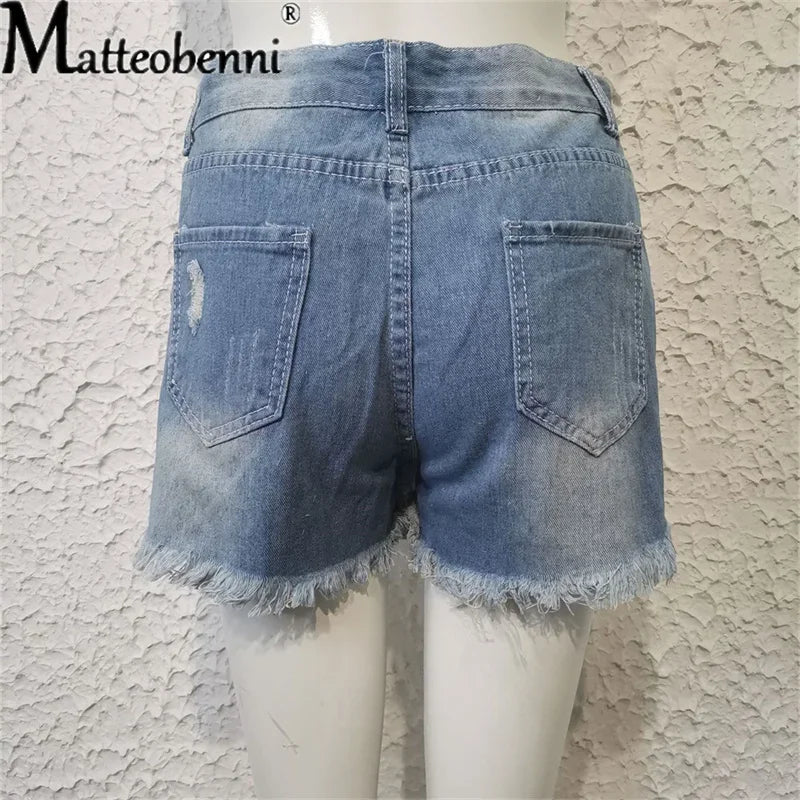 2024 Sommer neue Damen Ripped Repaired Denim Shorts Hohe Taille Bodycon Distressed Hole Bottoms Lässige Taschen Sexy Kurze Jeans