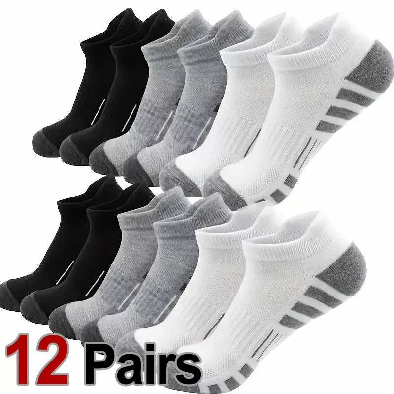12 Paar Herren atmungsaktive Sportsocken, knöchelhoch, mit Fußgewölbestütze, für alle Jahreszeiten, bequem, langlebig, für Laufen, Fitness und Freizeit Hauptbild