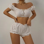 Sexy Dessous Rüschen Blumenstickerei Damenunterwäsche Schulterfreies Sexy BH-Set Bequemes Baumwoll-Intimwäsche-Set