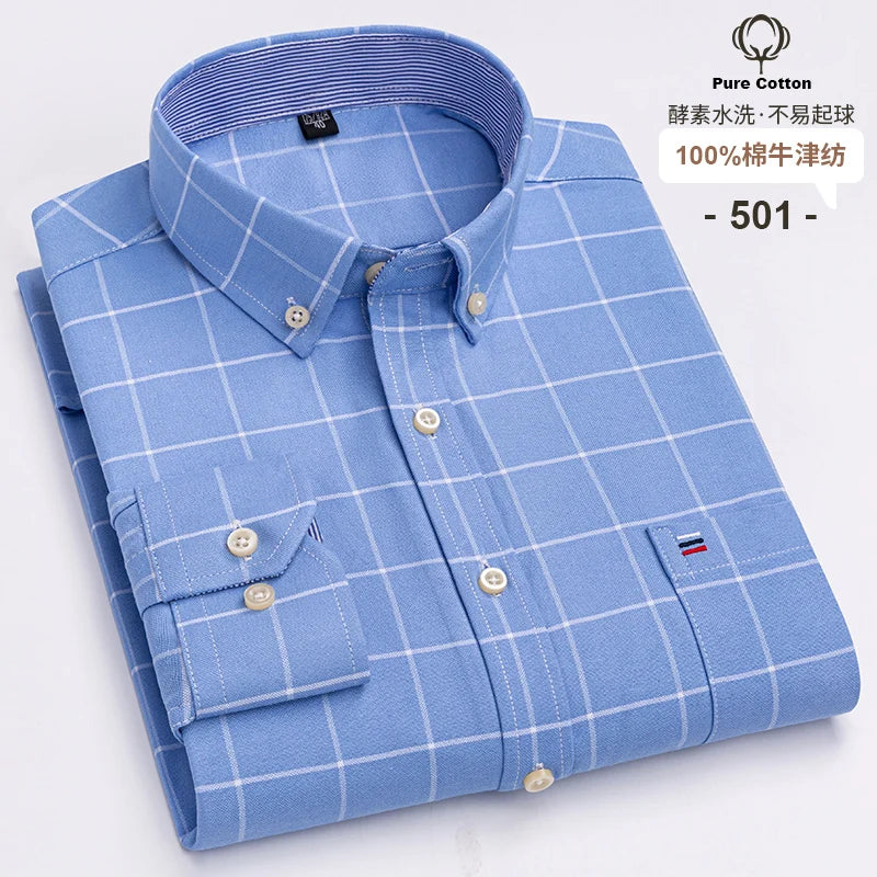 100 % Baumwolle Oxford Herrenhemden Langarm Kariert Weich Regular Fit Festliches Hemd Tasche Sozial Bluse Herrenkleidung S-7XL