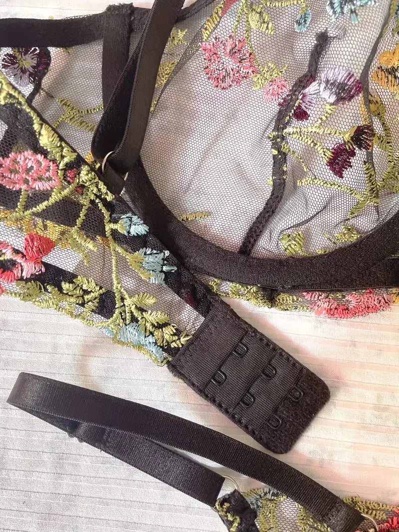 Yimunancy Blumenstickerei Dessous-Set Damen transparentes 2-teiliges Boho-BH + Höschen Unterwäsche-Set Intimates
