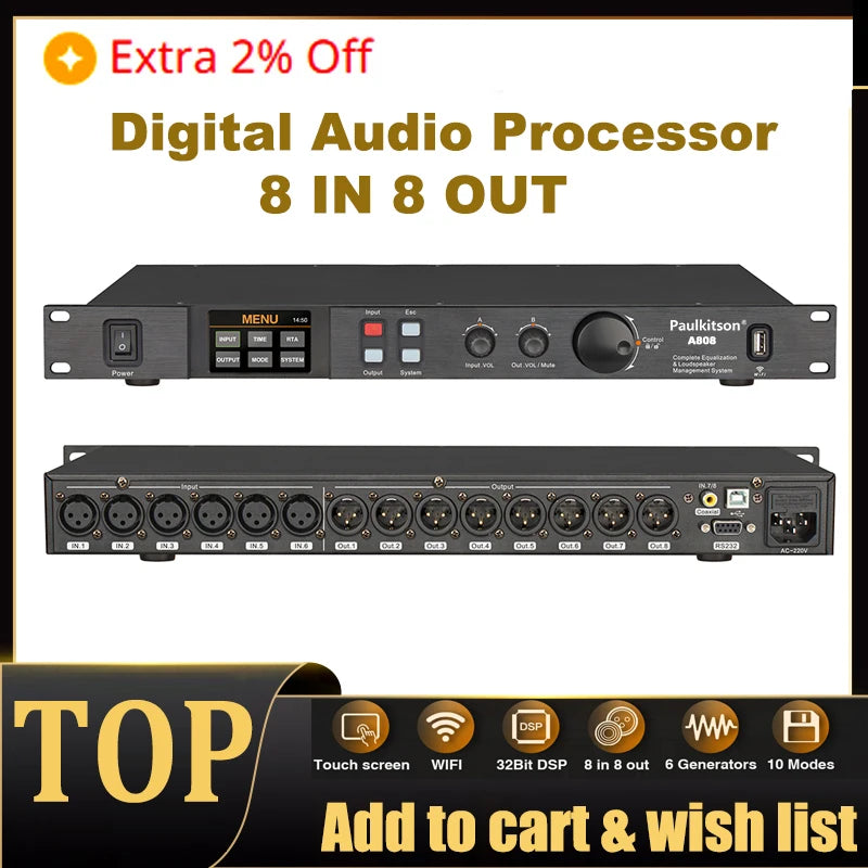 Paulkitson A808 Prozessor Digitaler professioneller Audioprozessor 8 In 8 Out 32Bit DSP 7-Band EQ Equalizer WIFI USB Ohne Rauschen
