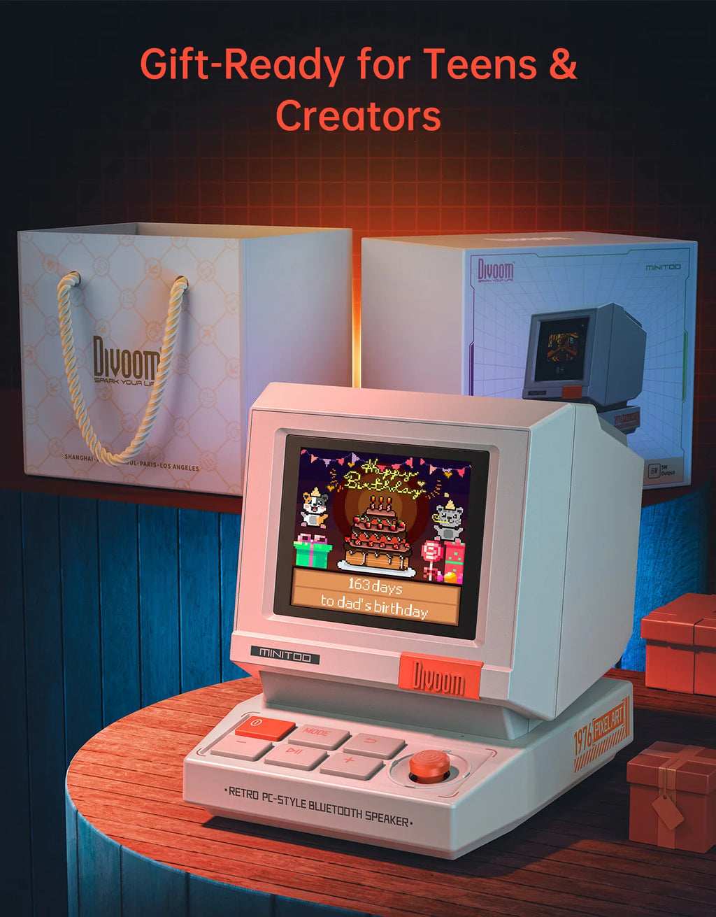 Divoom MiniToo Retro Bluetooth-Lautsprecher Tragbarer Pixel-Display-Musikbox Retro-Computer-Stil Lautsprecher Geschenk