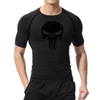 Skull Print Compression Shirts for Men Gym Workout Running Tshirts Sporty Athletic Quick Dry Tees Tops Short Sleeve Rash Guard