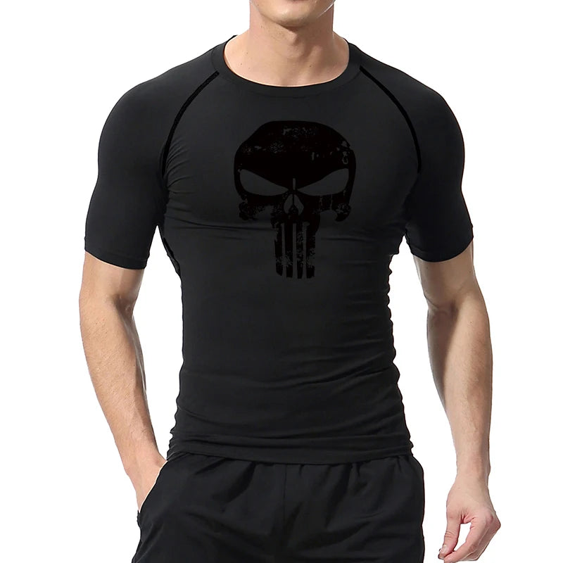 Skull Print Compression Shirts for Men Gym Workout Running Tshirts Sporty Athletic Quick Dry Tees Tops Short Sleeve Rash Guard