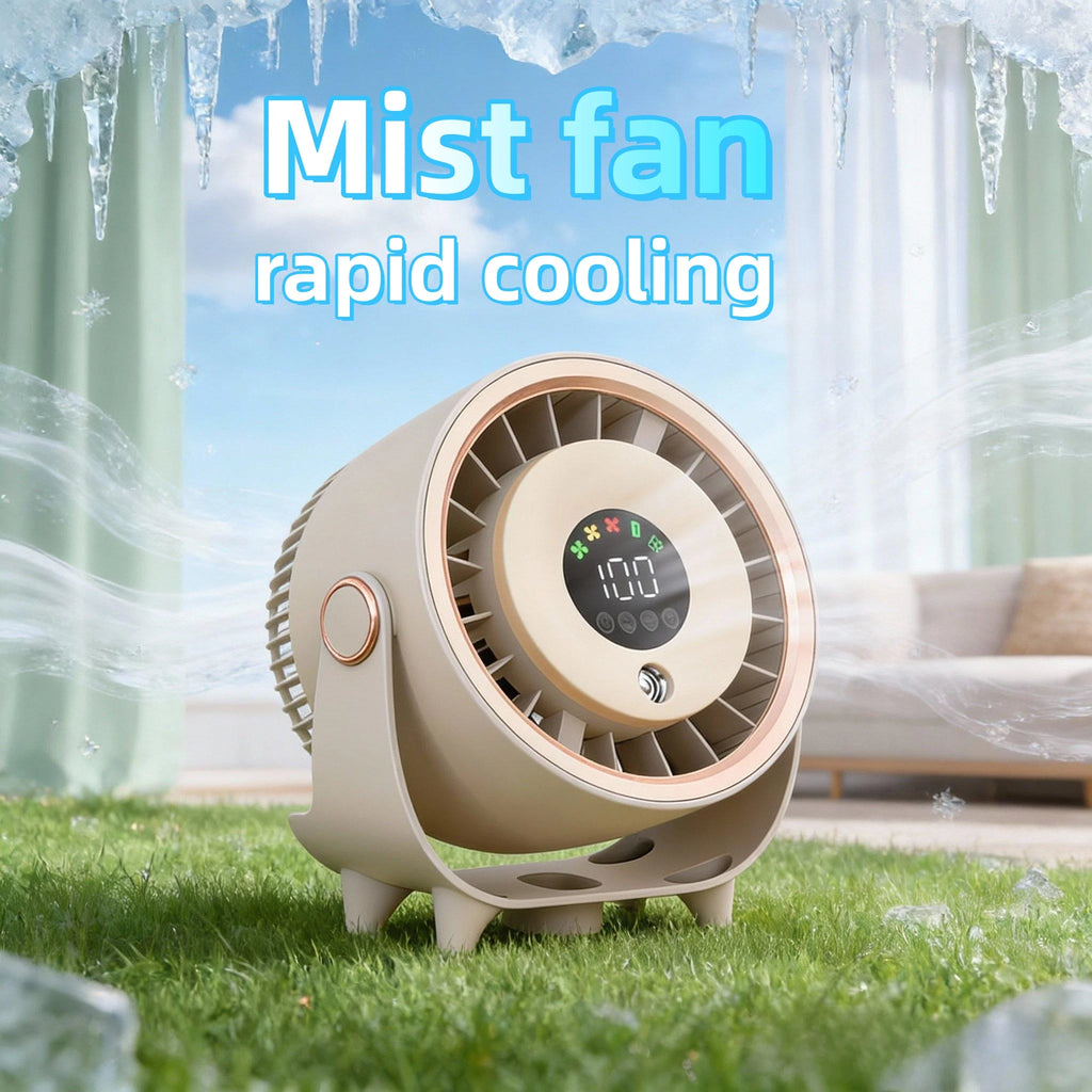 Neuer Sprühnebelventilator, befeuchtend, schnelle Kühlung, Aufhängeloch, geräuscharm, digitale Anzeige, Tastensteuerung der Geschwindigkeit, fein absorbierbar