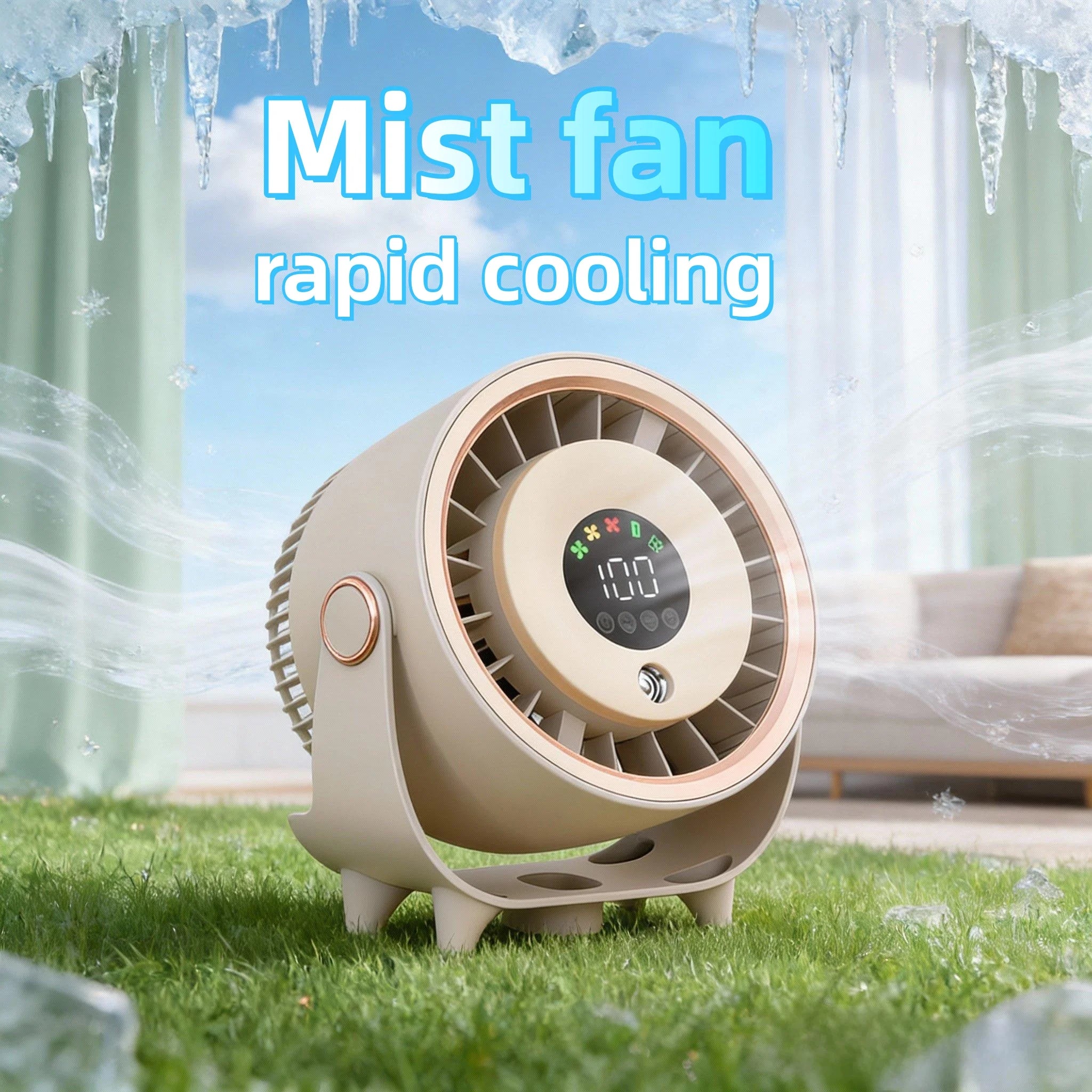Neuer Sprühnebelventilator, befeuchtend, schnelle Kühlung, Aufhängeloch, geräuscharm, digitale Anzeige, Tastensteuerung der Geschwindigkeit, fein absorbierbar