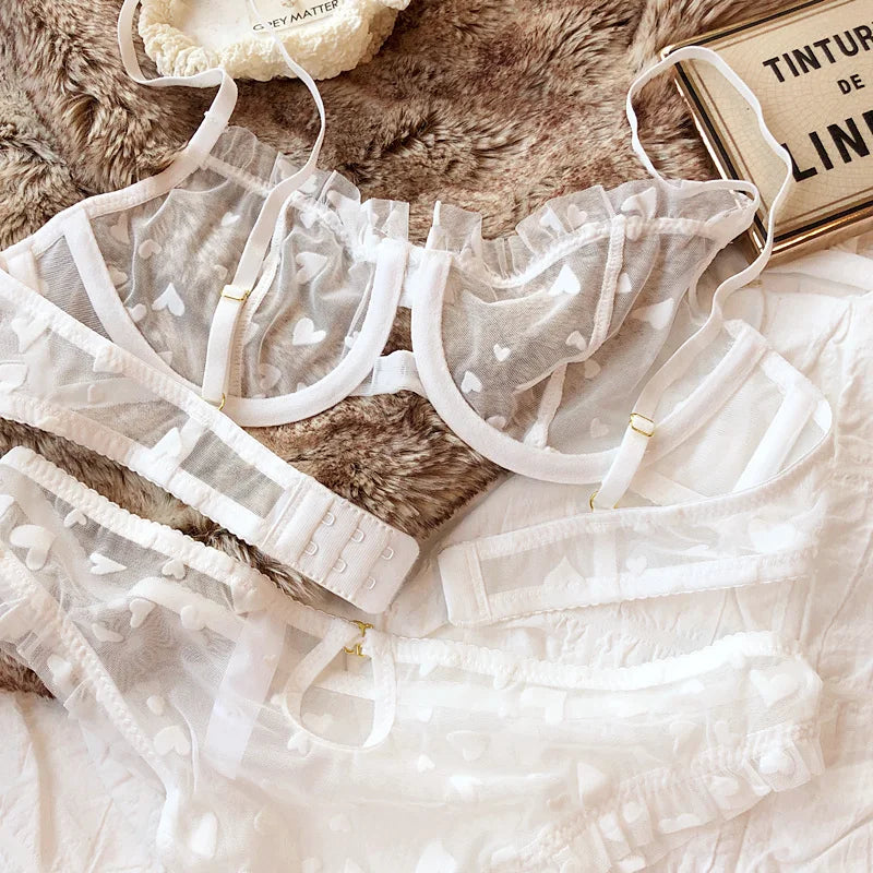 Neues Dessous-Tangas-Set, sexy, ultradünner transparenter BH, Damen-Bügel-Push-up-BH-Set, sommerliche, romantische Pfirsichherz-Unterwäsche