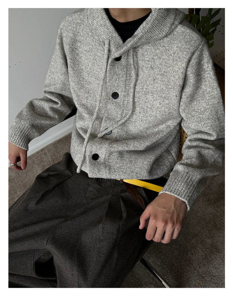 Neue lässige Luxus Strickjacke mit Kapuze für Herren Koreanische Mode Lockerer Cardigan mit Knopfleiste Y2K Vintage Streetwear Strickwaren Mantel