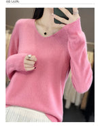 Damen 100% Merinowolle Pullover V-Ausschnitt Basic Pulli Herbst Winter Kaschmir Kleidung Langarm Weiche Strickware Oberteile Unifarben